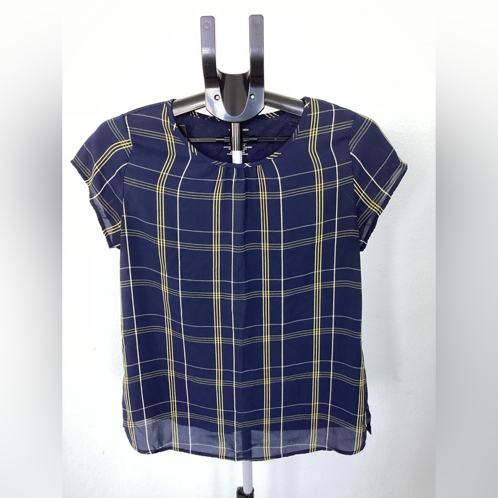 Van Heusen Blue and Yellow Short Sleeve Boxy Blouse. Size S